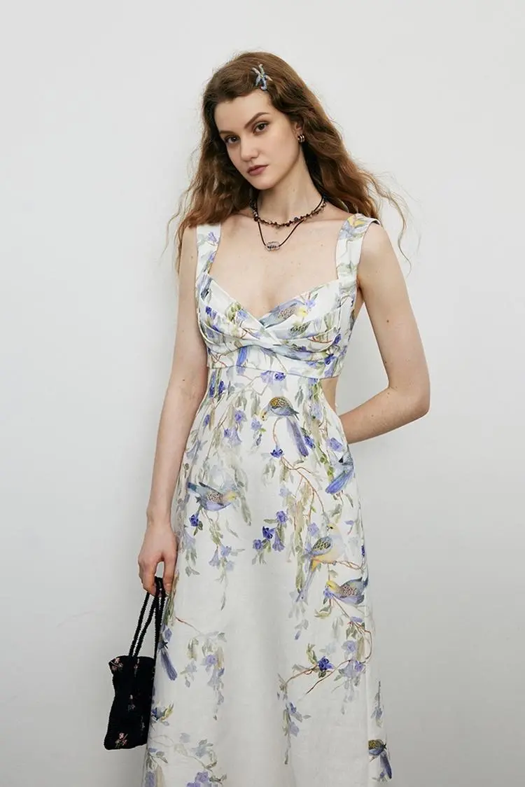 Backless Floral Linen Dress - HBQMJX