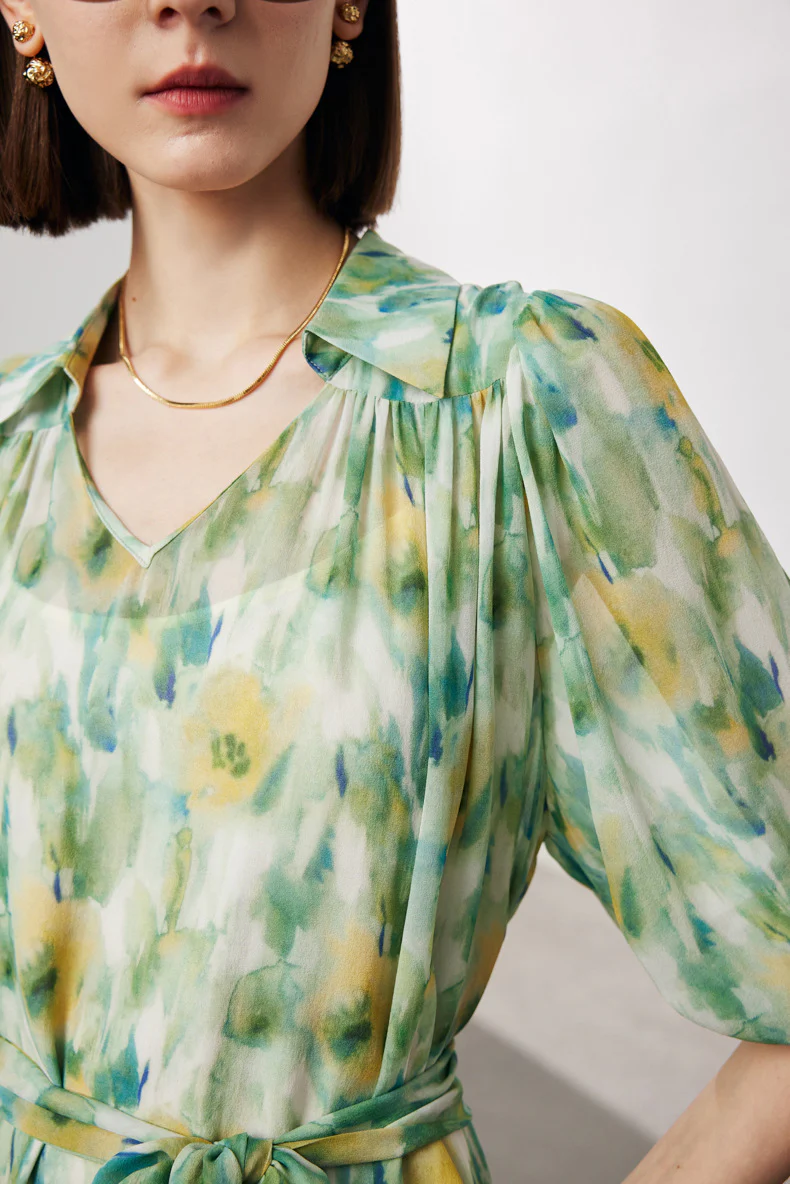 100 Mulberry Silk Floral Balloon-Sleeve V-Neck Collared Midi Dress - HBQMJX