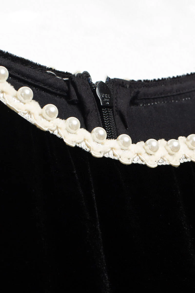 Ostrich-Feather Velvet Elbow-Sleeve Midi Dress with Pearl Trim - HBQMJX