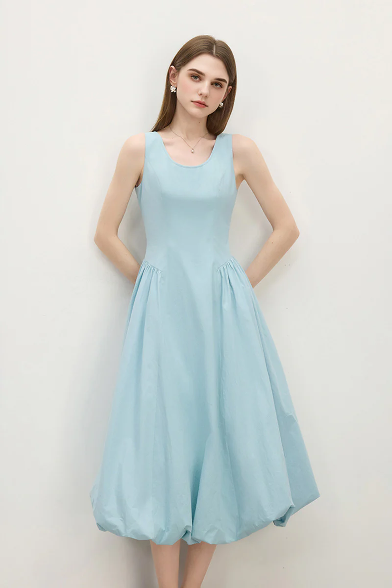 Baby Blue 100 Cotton Sleeveless Scoop-Neck Bubble Midi Dress - HBQMJX