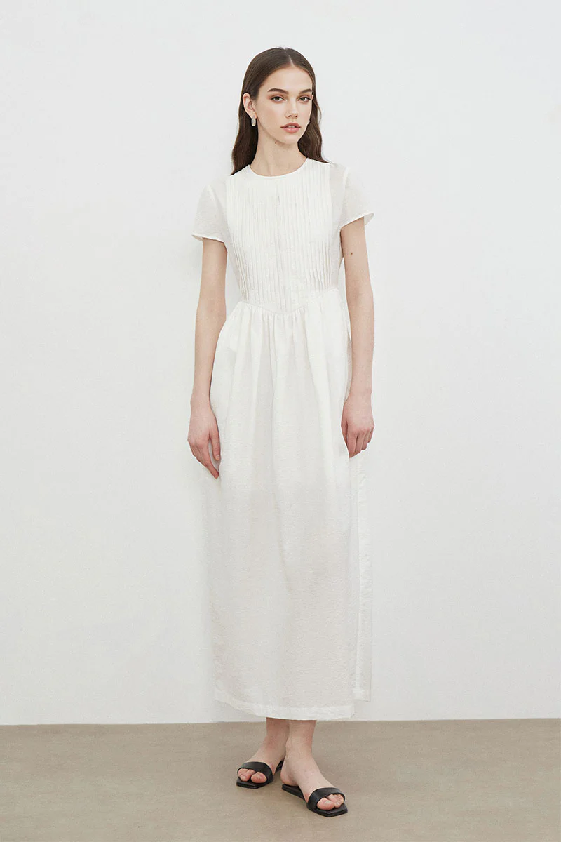 White Long-Staple Cotton Midi Dress with Front Pleat - HBQMJX