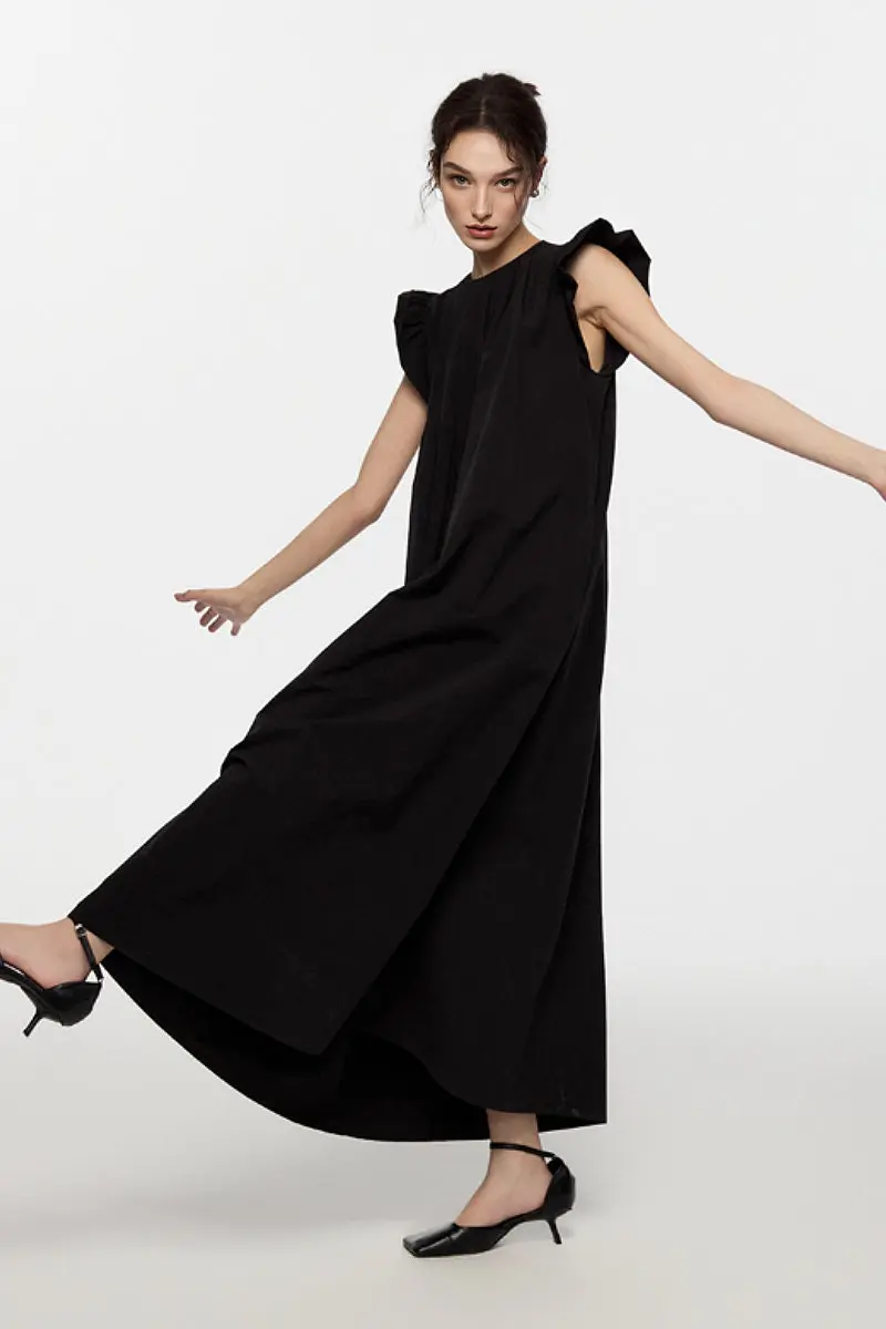 Black Ruffle Cap-Sleeve Trapeze Maxi Dress - HBQMJX