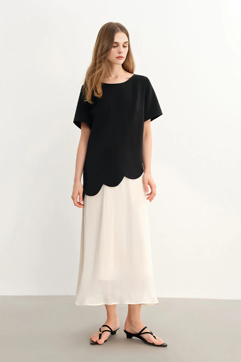 Black & White Short-Sleeve Mixed Media Midi Dress - HBQMJX