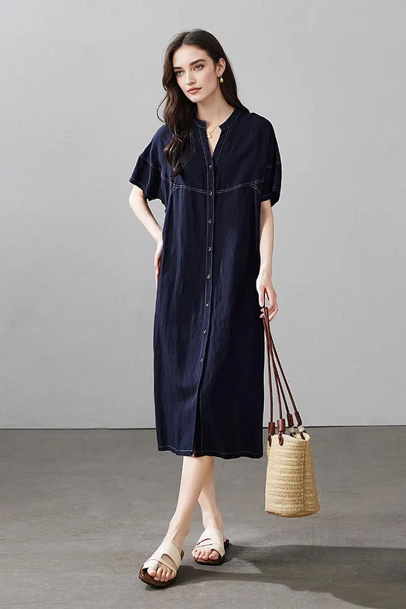 Linen-Blend Short-Sleeve Shirt Dress in Deep Navy - JIEEQQ