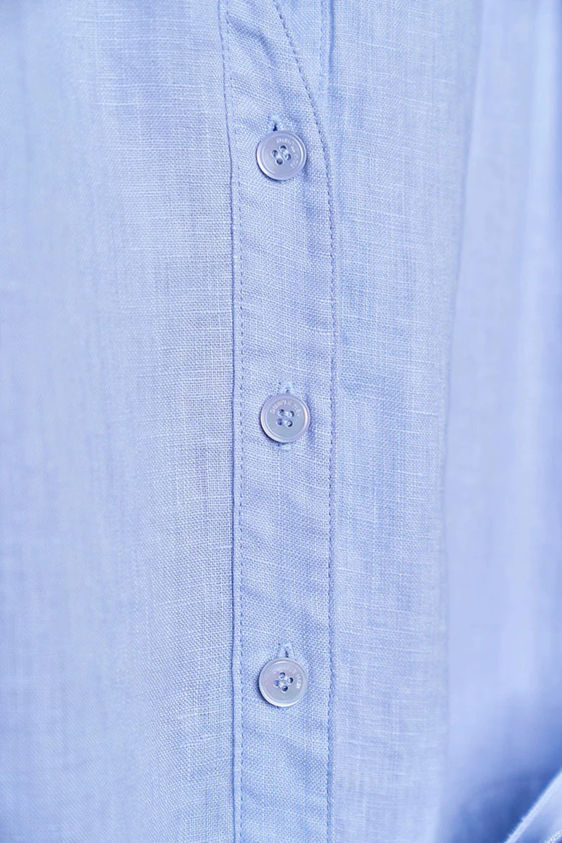 Baby Blue 100 Linen Cap-Sleeve Button-Front Belted Midi Dress - HBQMJX