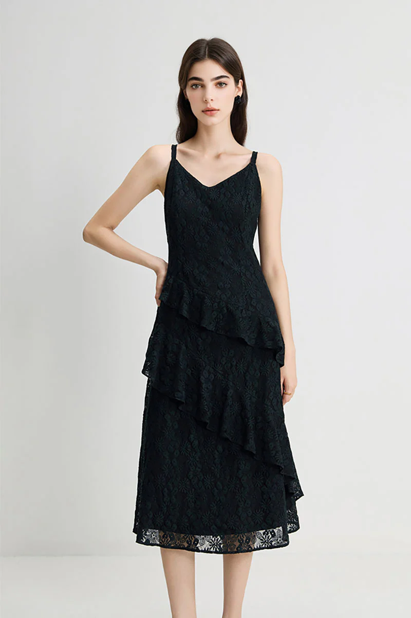 Black Lace Tiered Sleeveless V-Neck Midi Dress - HBQMJX