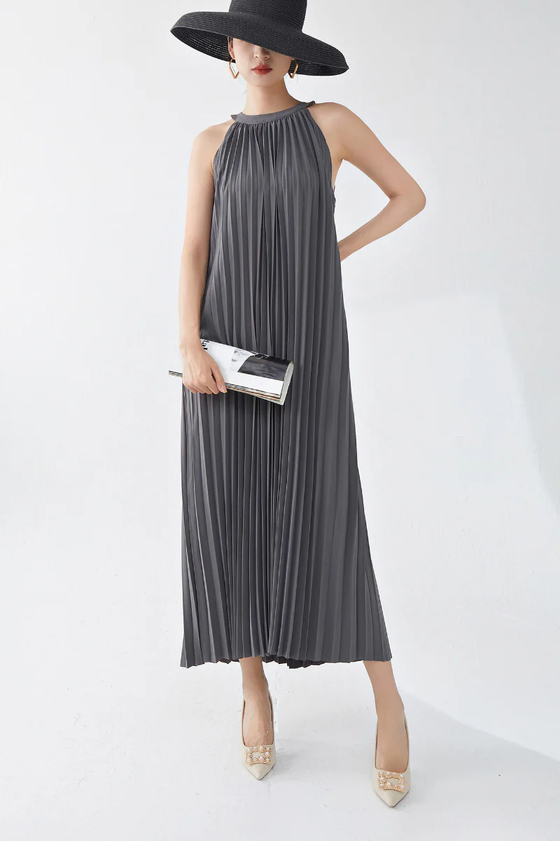 Designer Inspired Pleated Flowy Halter-Neck Midi Dress in Grey - HBQMJX