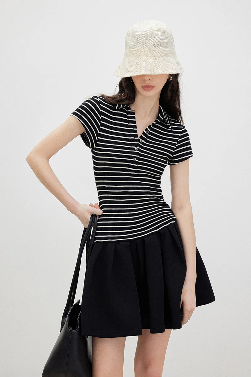 Black Polo-Neck Short-Sleeve Mini Dress in Stripe - HBQMJX