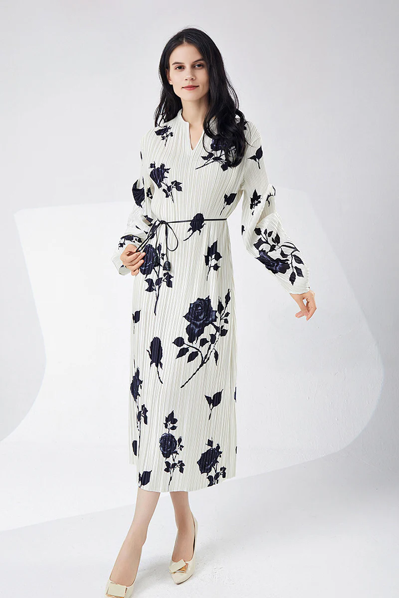 Designer Inspired Pleated Floral Long-Sleeve Midi Dress - HBQMJX