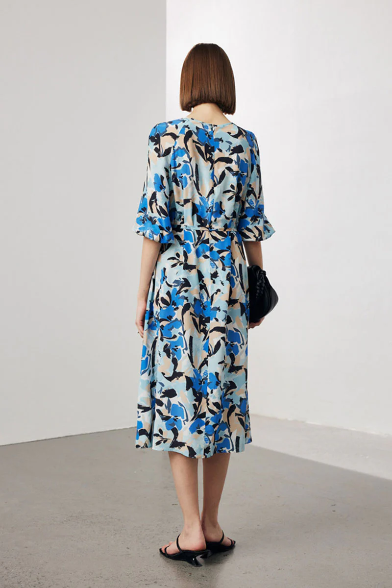 100 Mulberry Silk Abstract Print Balloon-Sleeve Midi Dress - HBQMJX
