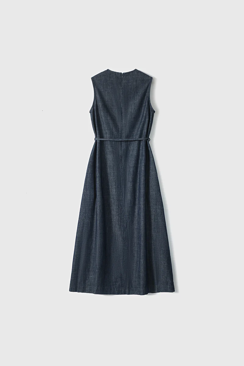 Paneled Sleeveless Denim A-Line Dress with Belt - HBQMJX