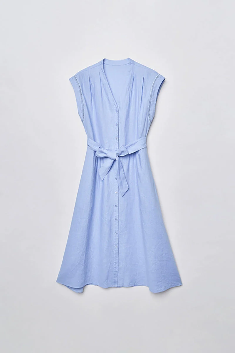 Baby Blue 100 Linen Cap-Sleeve Button-Front Belted Midi Dress - HBQMJX
