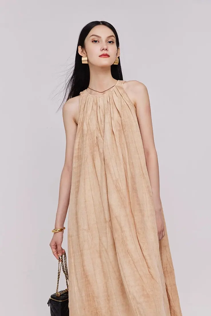 Tie Dye Sleeveless Linen Midi Dress - HBQMJX