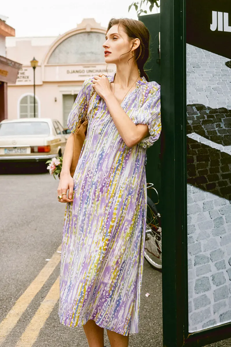 Purple Silk Double Crepe Abstract-Print Midi Dress - HBQMJX