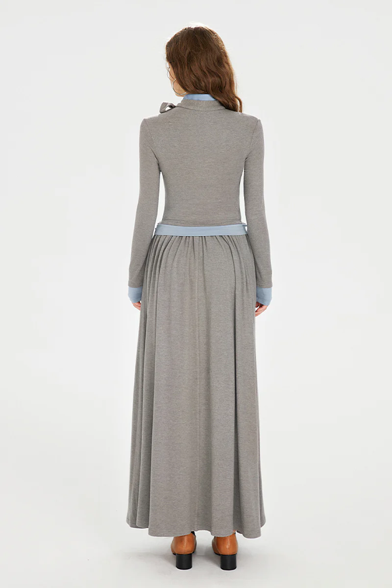 Long-Sleeve Ruched Fit & Flare Maxi Dress with Bow - HBQMJX