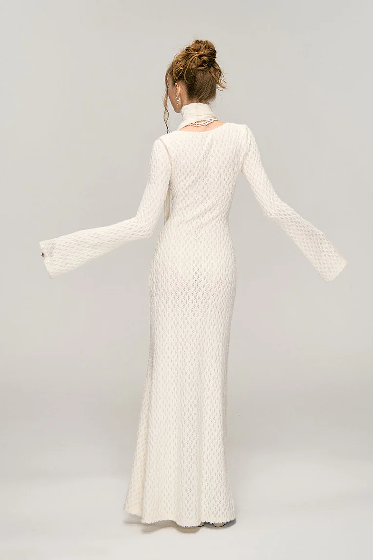 White Crochet Cut Out Long Sleeve Maxi Dress - HBQMJX