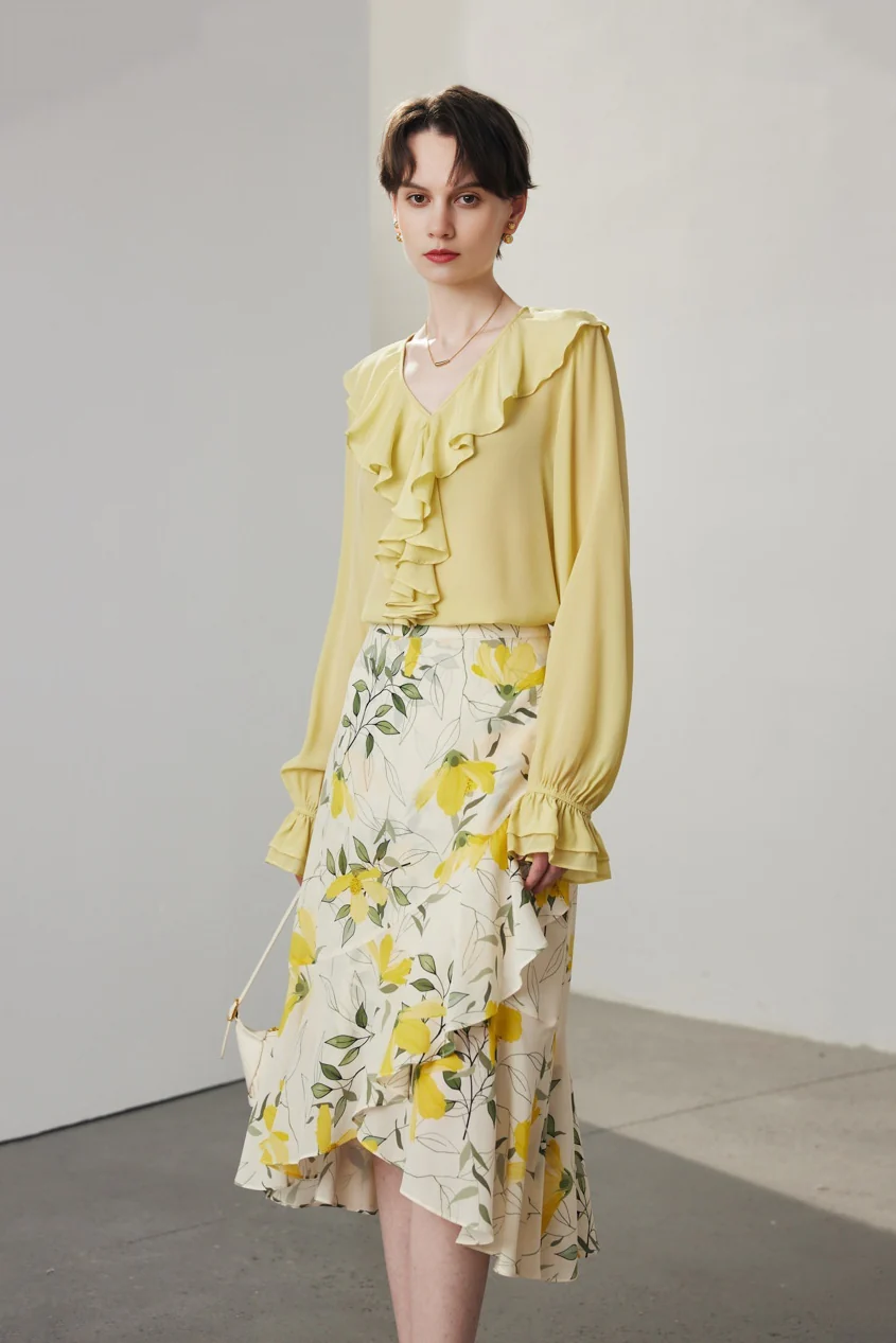 Asymmetric Silk Ruffled Floral Midi Skirt - HBQMJX