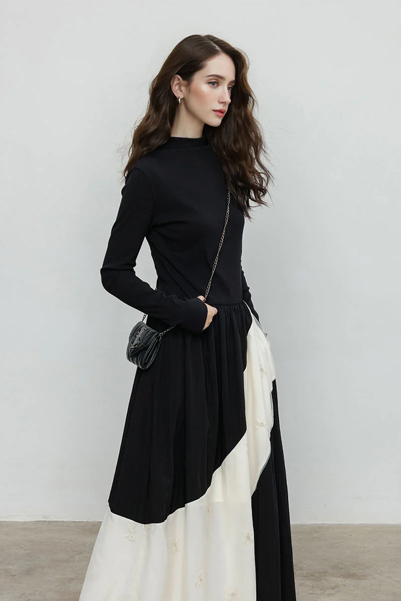 Fit & Flare Long-Sleeve Midi Dress with Lace Patchwork - HBQMJX