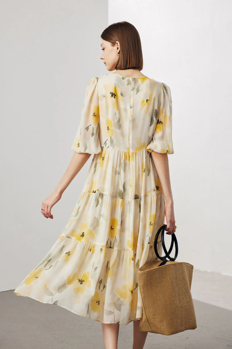 100 Mulberry Silk Floral Balloon-Sleeve Keyhole Tiered Midi Dress - HBQMJX