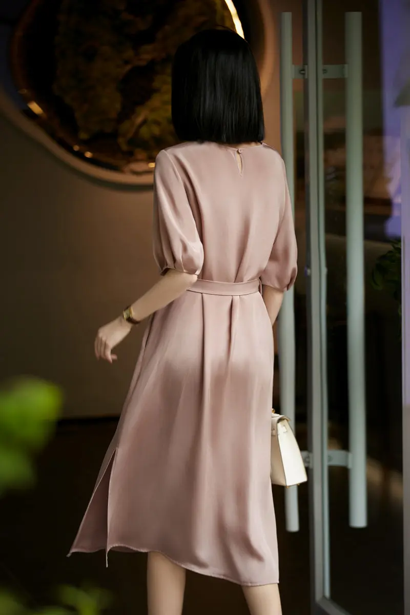 Pink 30MM Silk Crepe Belted Midi Dress - HBQMJX