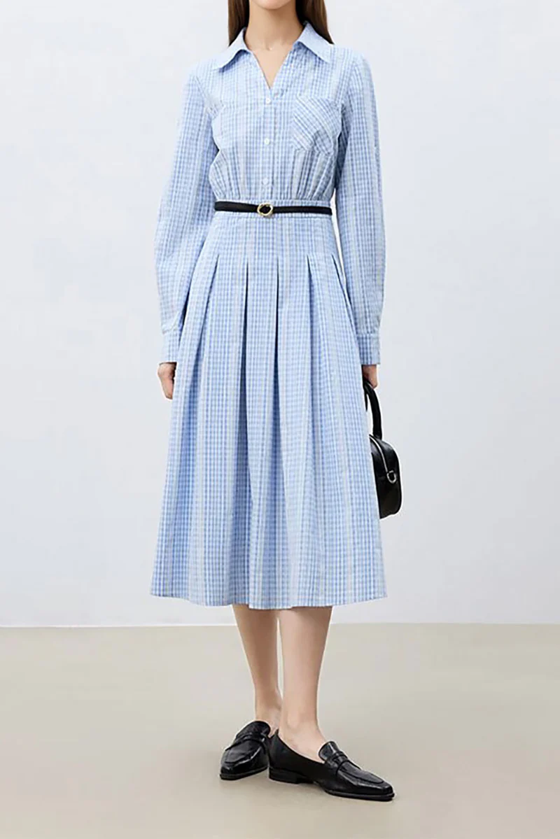 Blue Long Sleeve Gingham Midi Shirt Dress - JIEEQQ