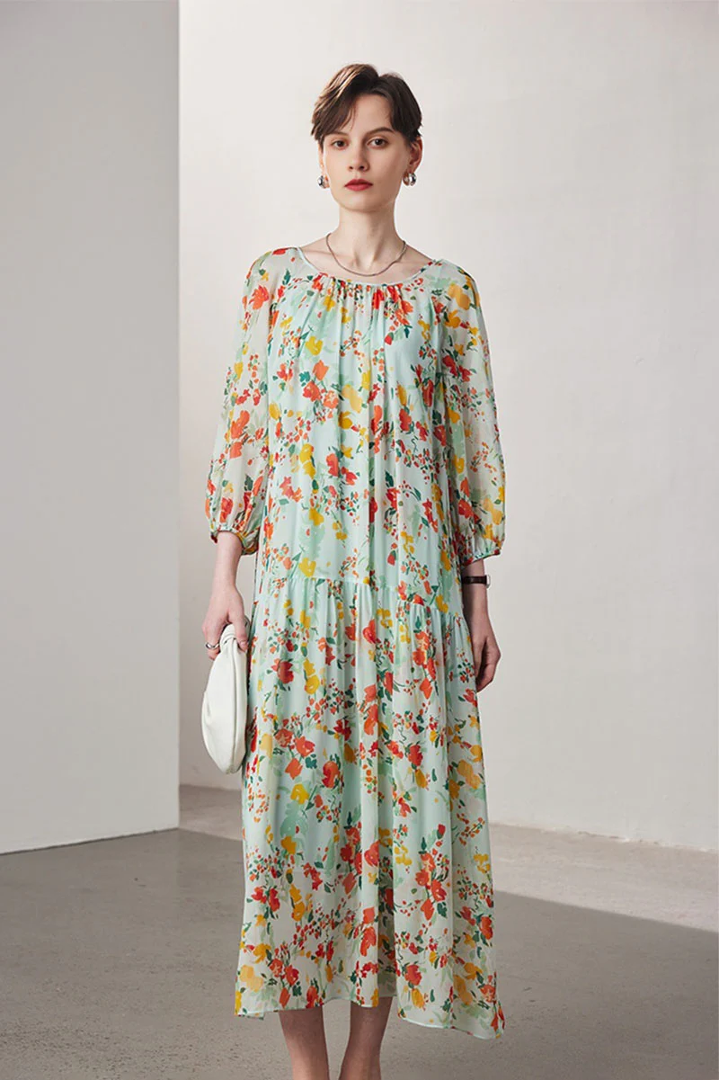 100 Mulberry Silk Floral  Balloon-Sleeve Drop Waist Midi Dress - HBQMJX