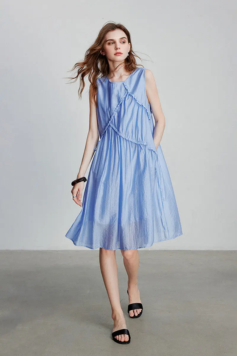 Light Blue Lyocell Sleeveless Ruffle-Detail Midi Dress - HBQMJX