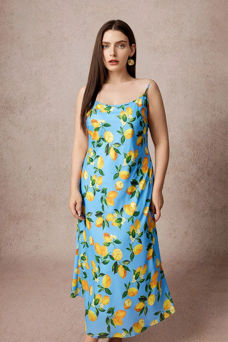 Blue Lemon Print Midi Slip Dress - HBQMJX