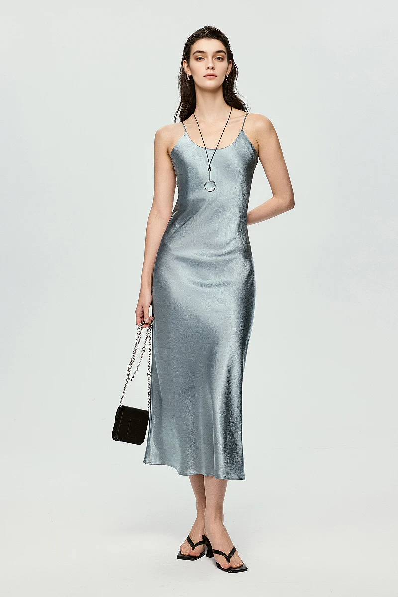 Silver Bias Cut Satin Slip Midi Dress - HBQMJX