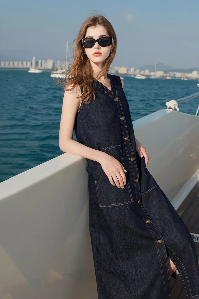 Denim V-Neck Vest Midi Dress with Pockets - HBQMJX