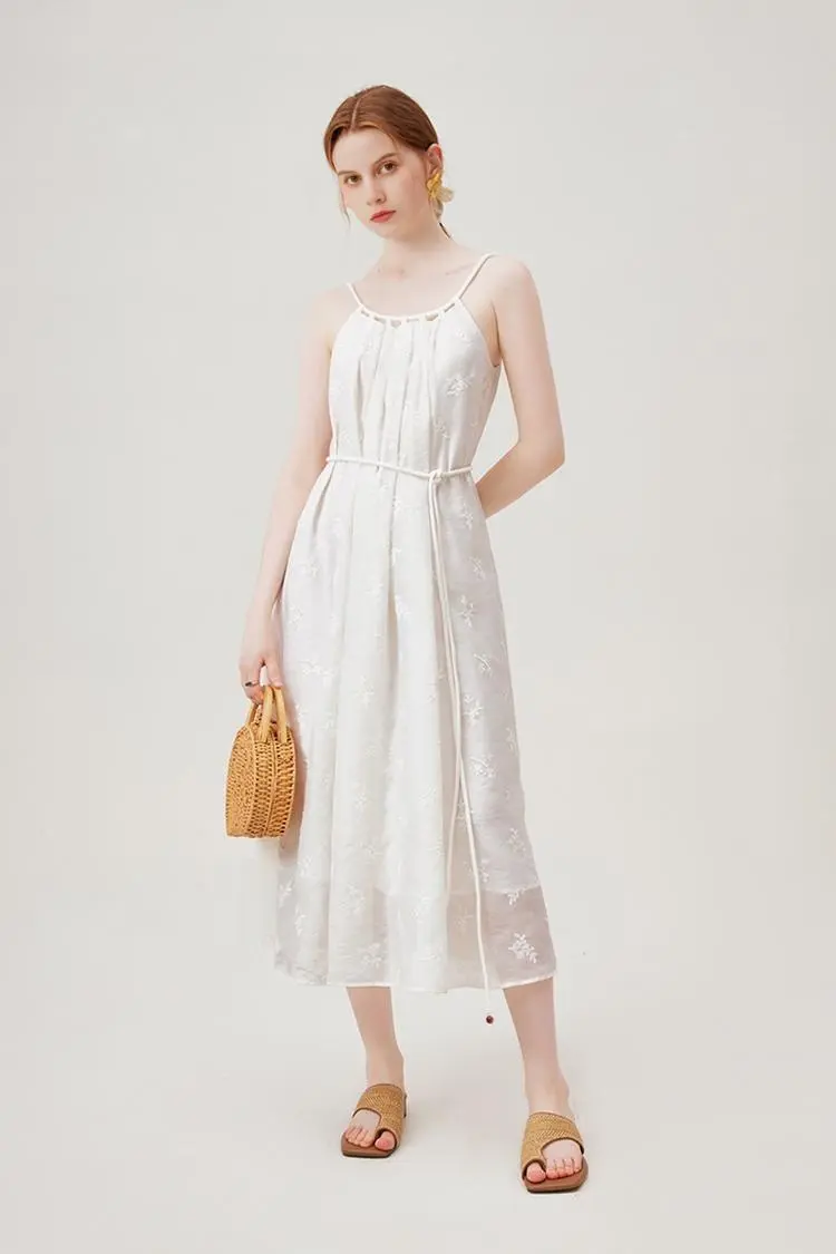White Flowy Halter Embroidered Dress - HBQMJX
