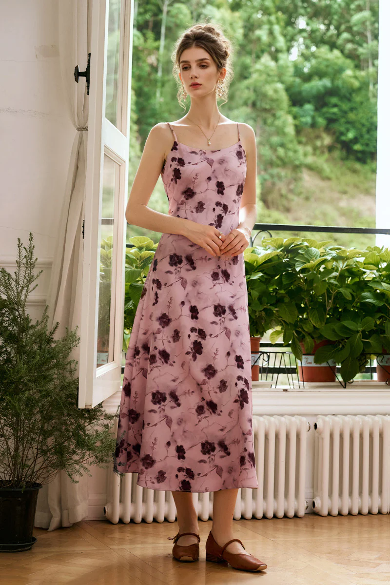 Pink Floral Satin Slip Midi Dress - HBQMJX