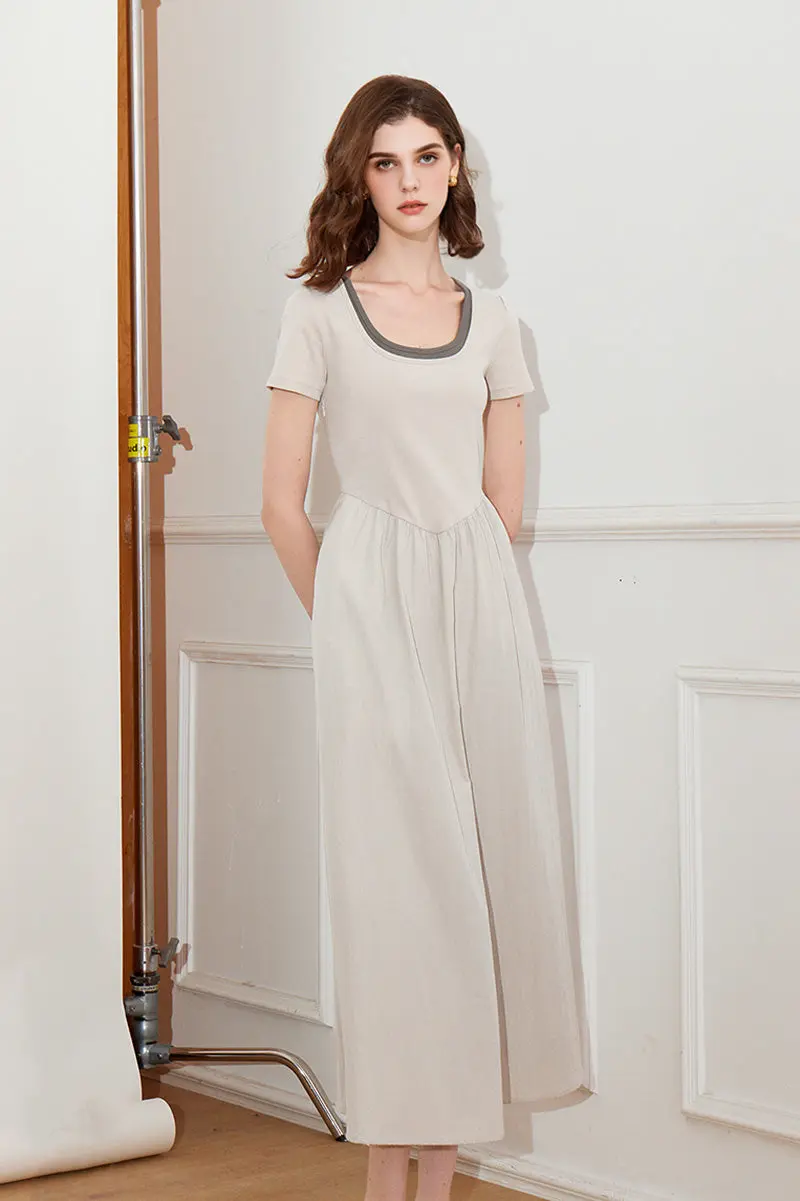 Cotton Short-Sleeve Mixed-Media Fit & Flare Midi Dress - HBQMJX