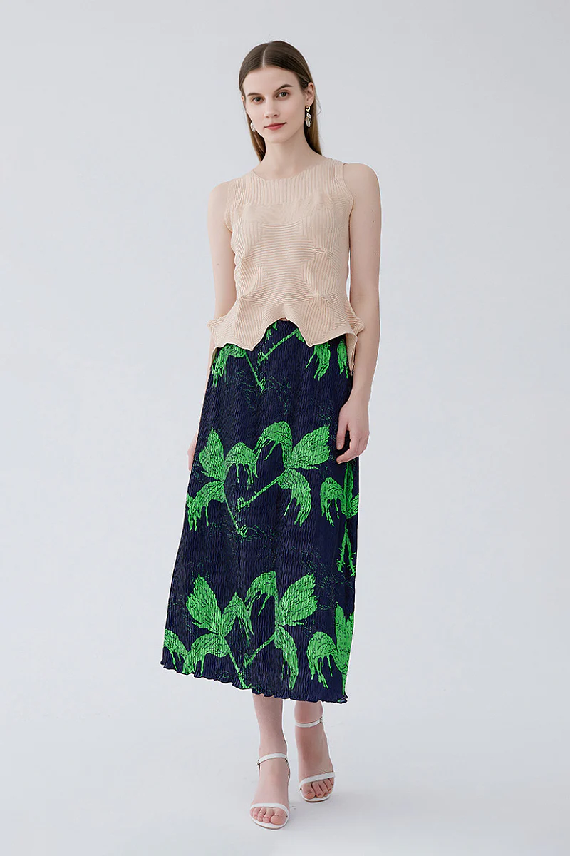 Designer Inspired Pleated Leaf Print Straight Midi Skirt - HBQMJX