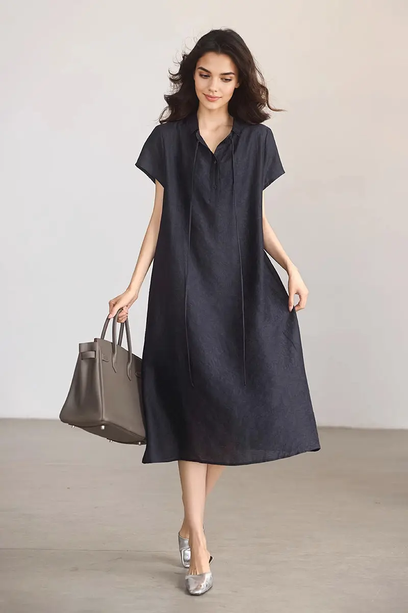 Linen-Blend Jacquard A-Line Shirt Dress in Navy Blue - JIEEQQ