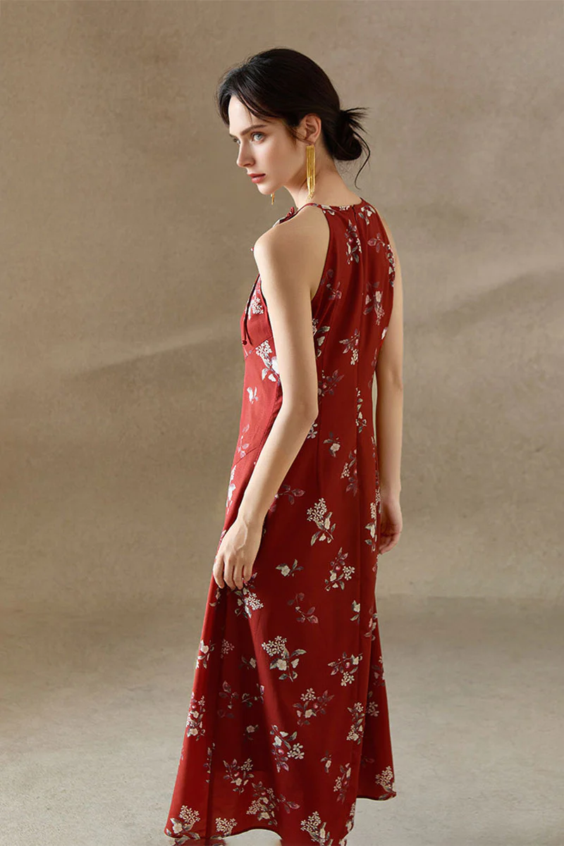 Red Jacquard Halter Midi Dress with Shoulder Bow - HBQMJX