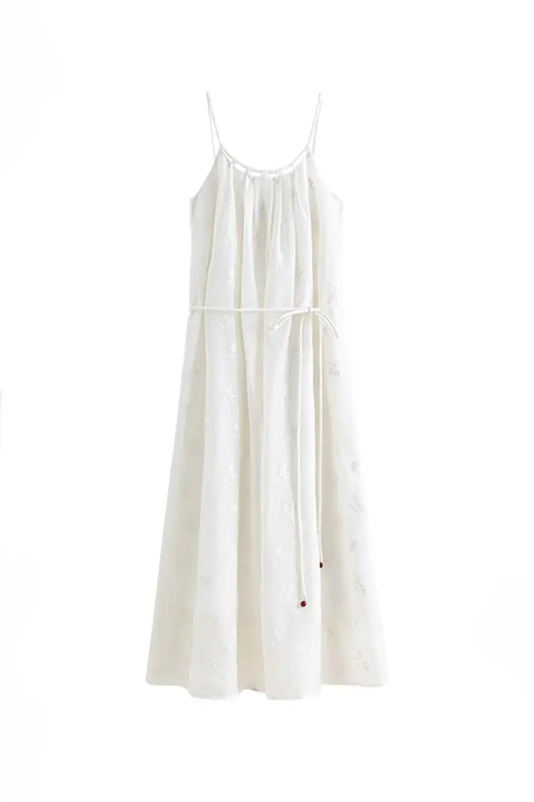 White Flowy Halter Embroidered Dress - HBQMJX