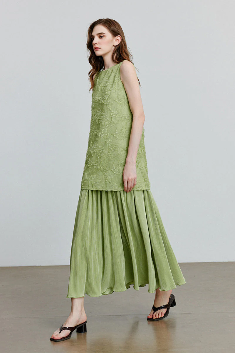 Green Frayed Jacquard Pleated Mixed-Media Midi Dress - HBQMJX