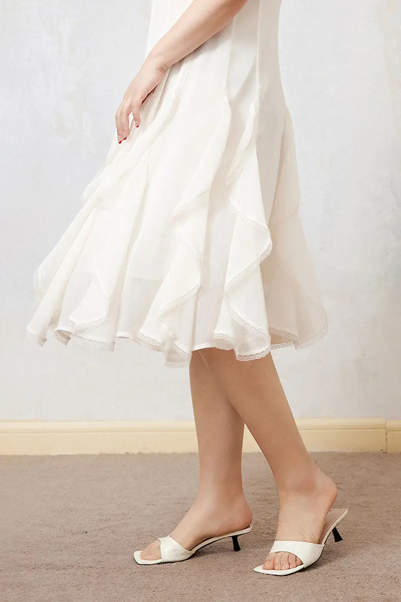 White Chiffon Spaghetti-Strap Ruffled Midi Dress with Lace Trim - HBQMJX