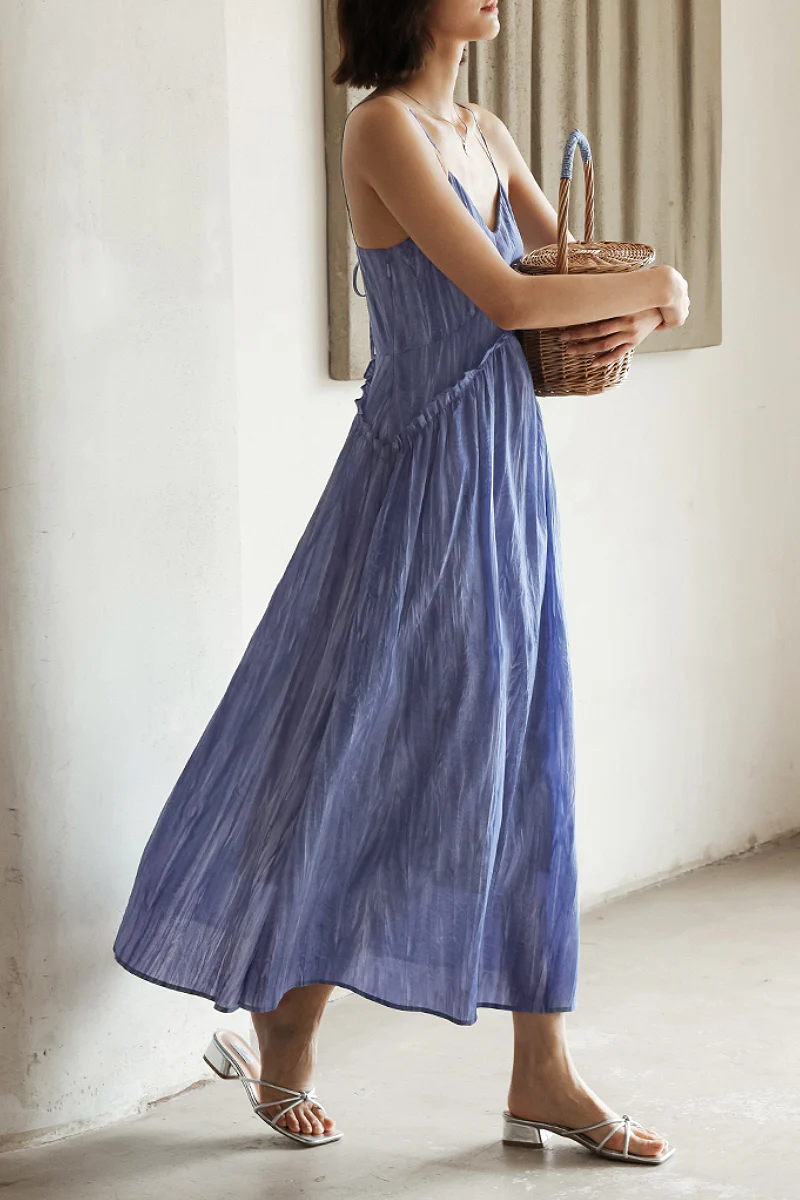 Blue Tie-Dye Spaghetti-Strap Midi Dress - HBQMJX