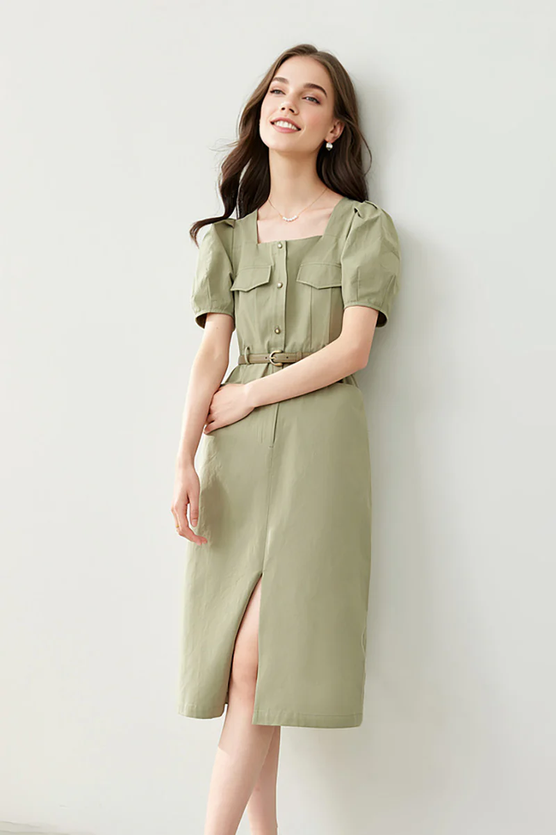 Sage Green Cargo Square-Neck Belted Midi Dress - HBQMJX