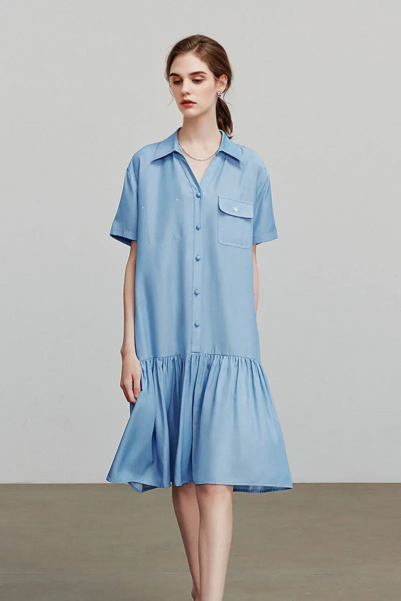 Draped Short-Sleeve Drop-Waist Shirt Dress in Blue - JIEEQQ