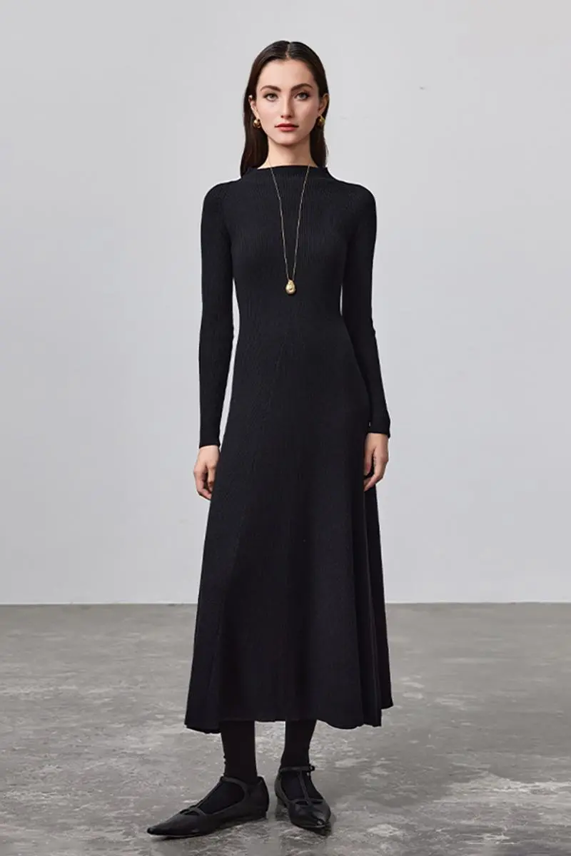 Machine Washable Merino Wool Fit & Flare Midi Sweater Dress with Belt - HBQMJX