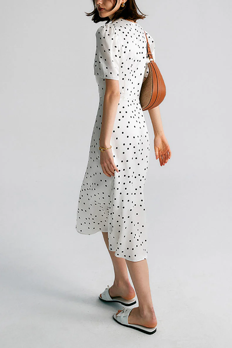 White 100 Silk Crepe-Back Polka Dot Midi Dress - HBQMJX