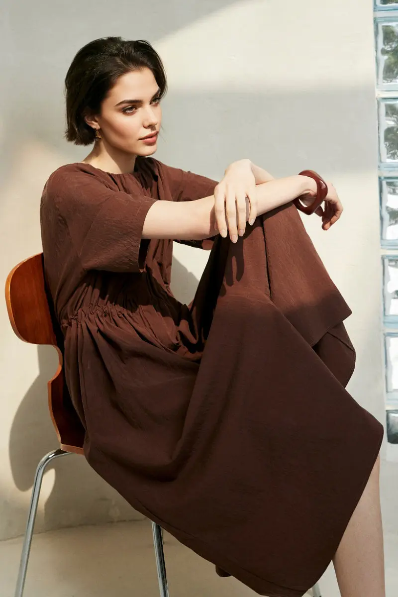 Summer Cinched Waist Midi Dress with Pockets - HBQMJX