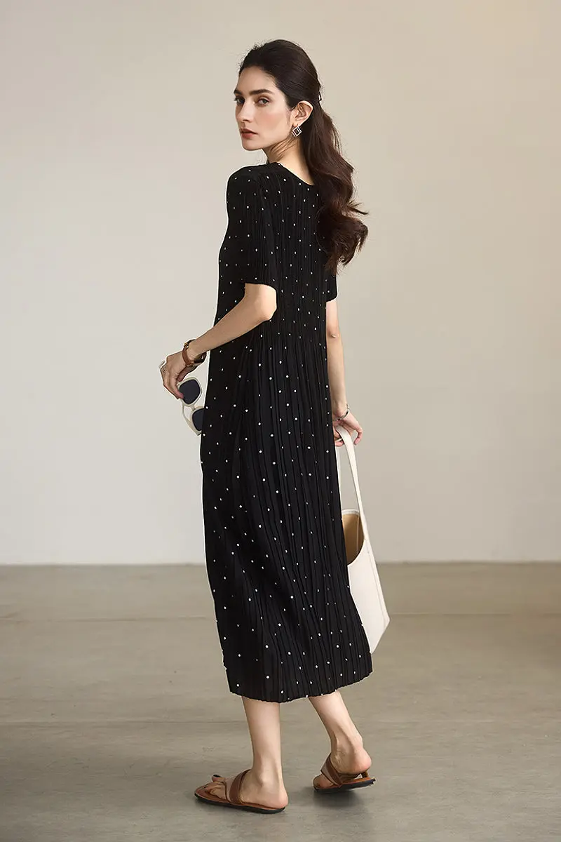 Black Pleated Polka Dot V-Neck Midi Dress - HBQMJX