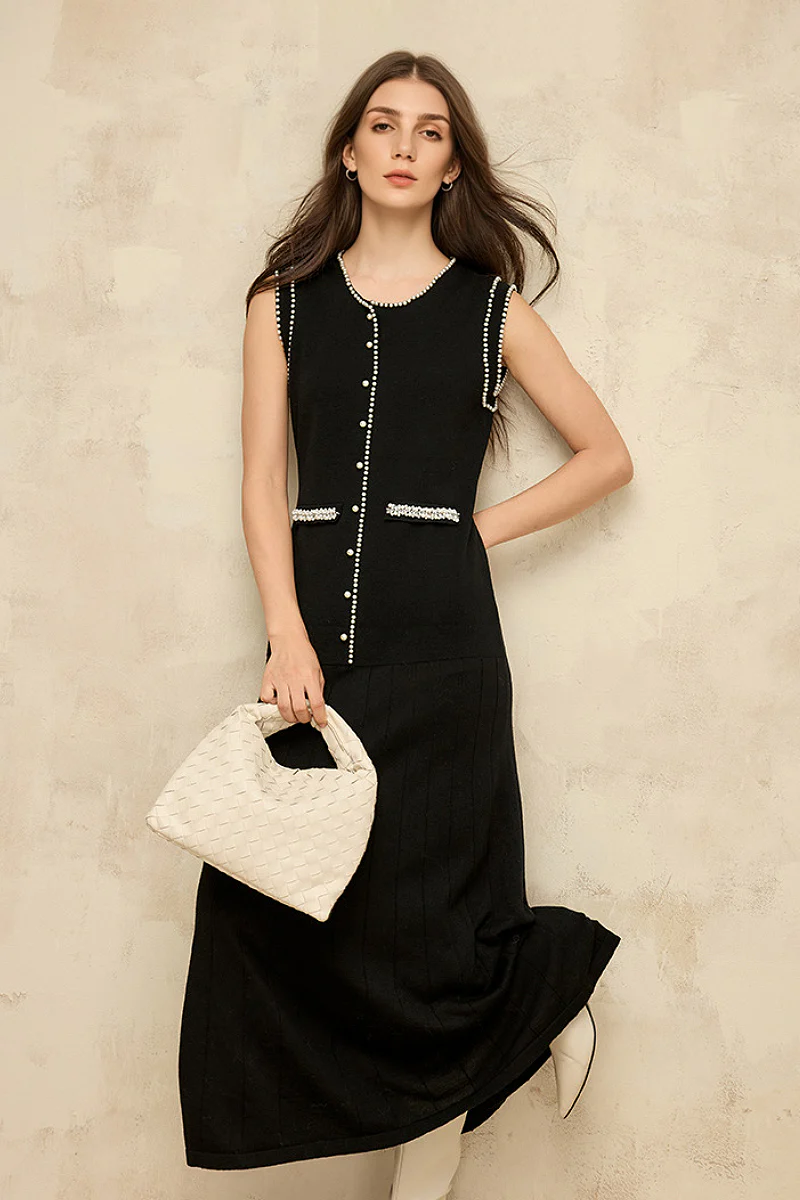 French Sleeveless Handmade Embellished Knit Midi Dress - HBQMJX
