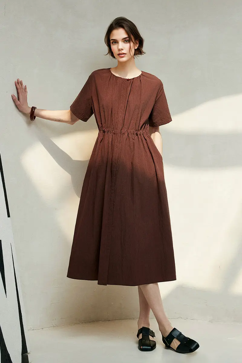 Summer Cinched Waist Midi Dress with Pockets - HBQMJX
