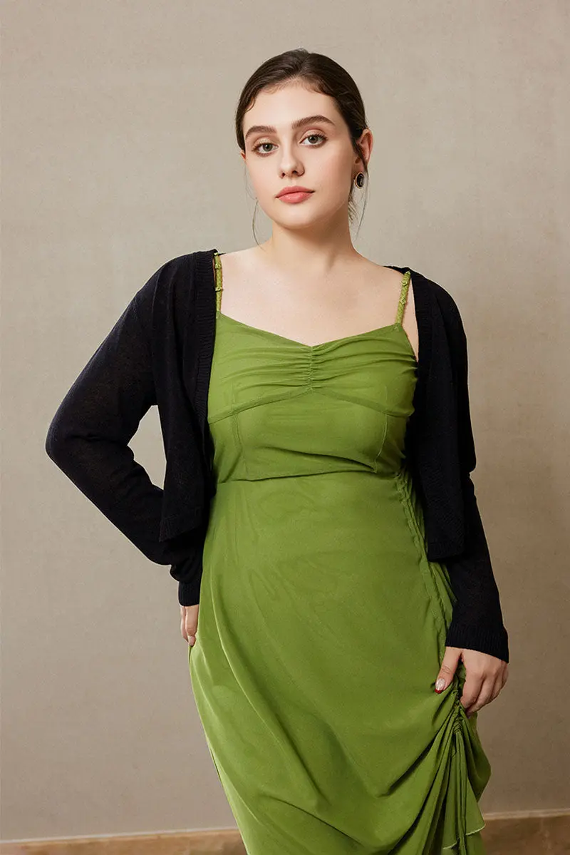 Ruched Mesh Drawstring Midi Dress in Olive Green - HBQMJX