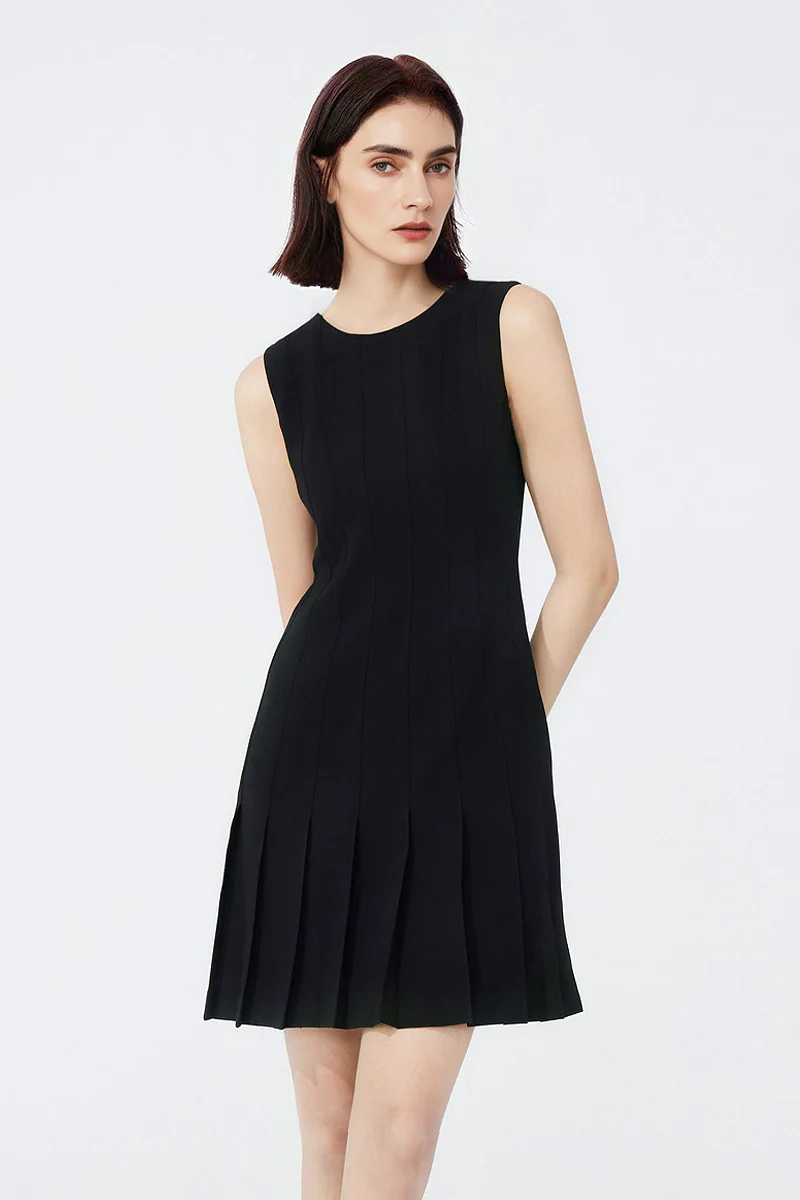 Black Pleated Sleeveless A-Line Mini Dress in Triacetate - HBQMJX